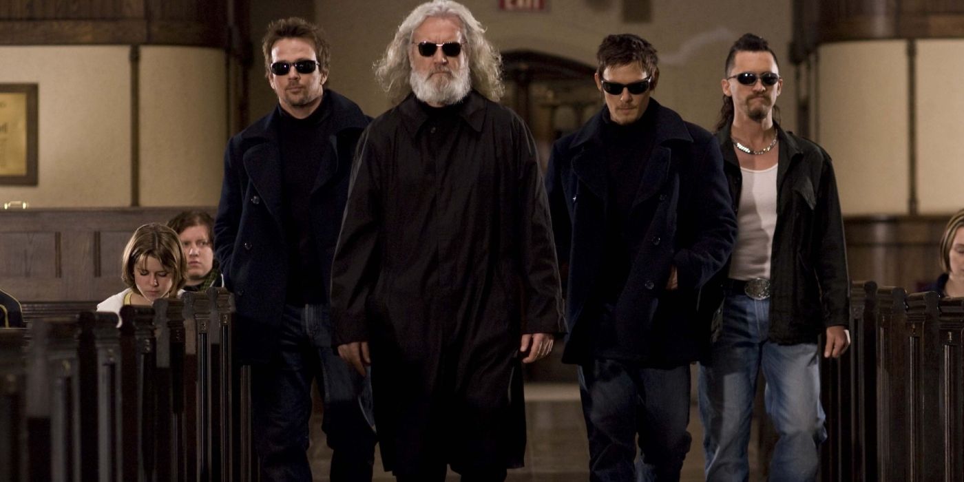 Billy Connelly Norman Reedus  and Sean Patrick Flanery walk through a church in Boondock Saints 2 All Saints Day