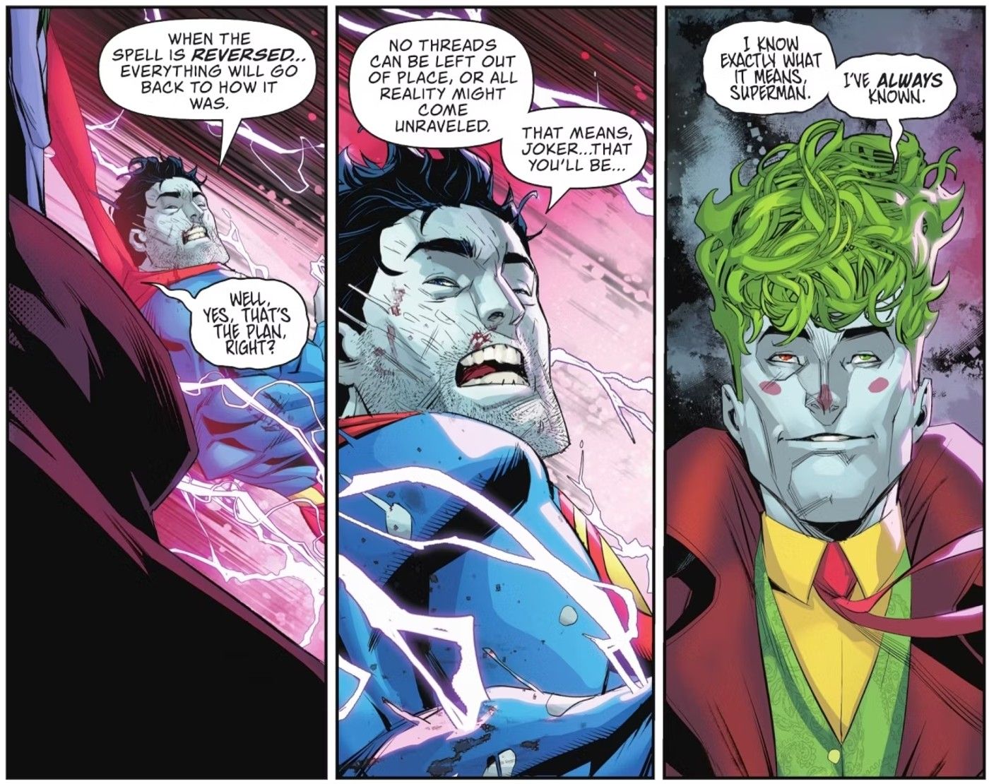 Comic book panels: a Bizarro-infected Superman talks with Bizarro Joker.