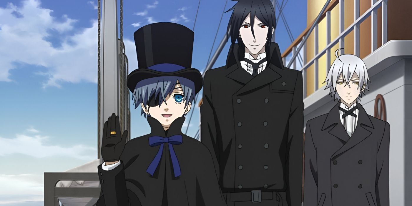 Ciel, Sebastian, and Snake on the Campania's maiden voyage in Black Butler: Book of the Atlantic.
