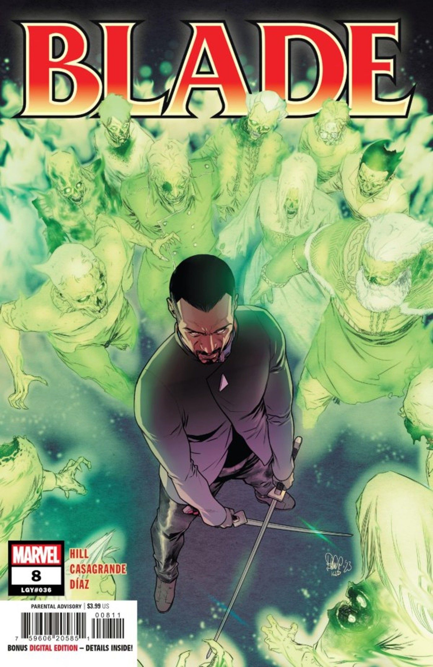 arte da capa do blade 8, mostrando blade cercado por um exército de fantasmas verdes