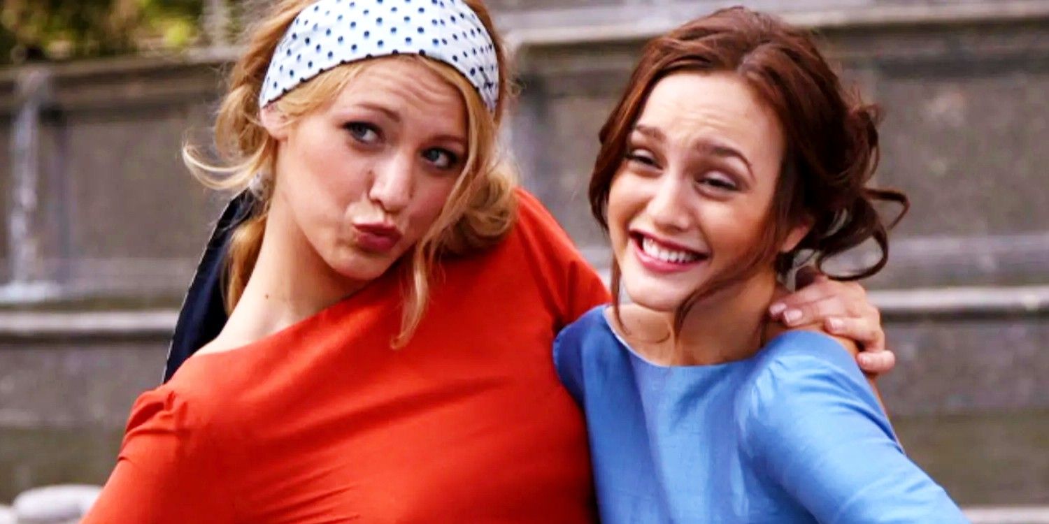 Blair smiles in a blue dress and Serena wears a red dress while making a duck face in Gossip Girls