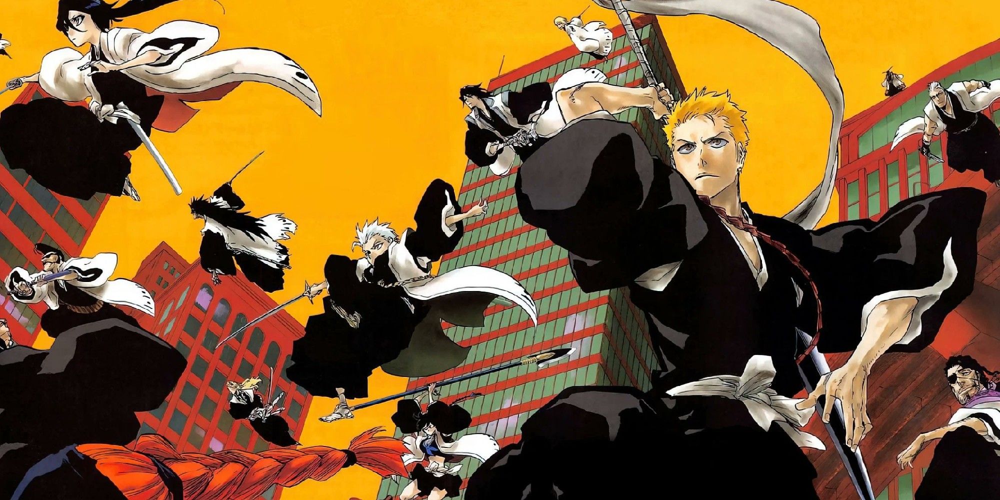 Ilustração em Bleach mostrando Ichigo e os capitães do Gotei 13 no ar e na frente de um céu amarelo