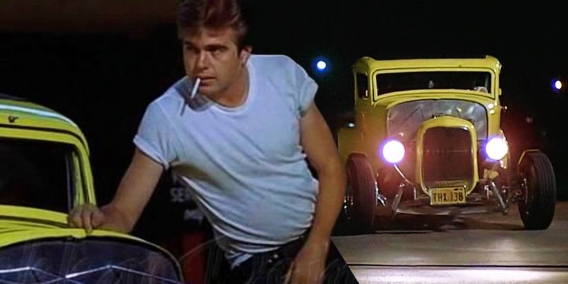 Blended image of John Milner smoking a cigarette and a yellow car in American Graffiti