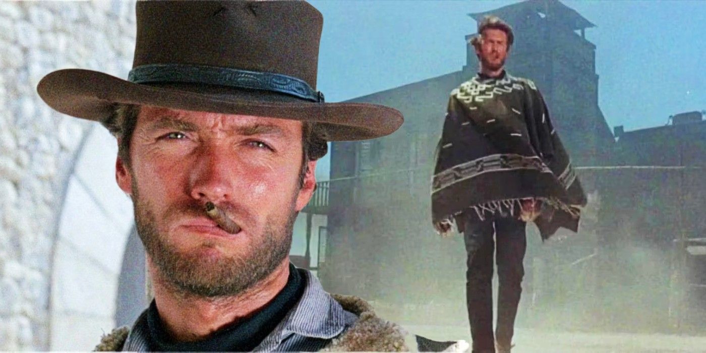 Blended image of Clint Eastwood as the Man with No Name, smoking a cigar and walking while wearing his poncho