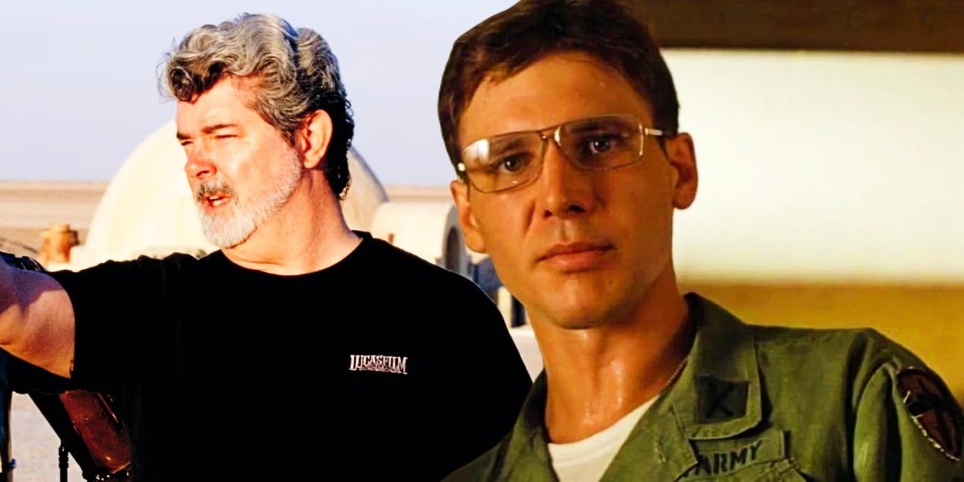 Blended image of George Lucas and Harrison Ford