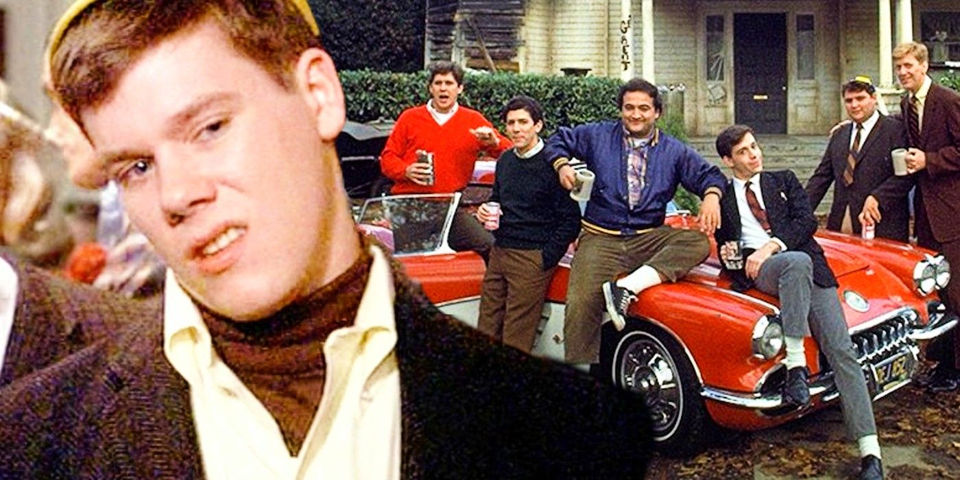 Blended image of Kevin Bacon as Chip Diller and the Delta fraternity in Animal House