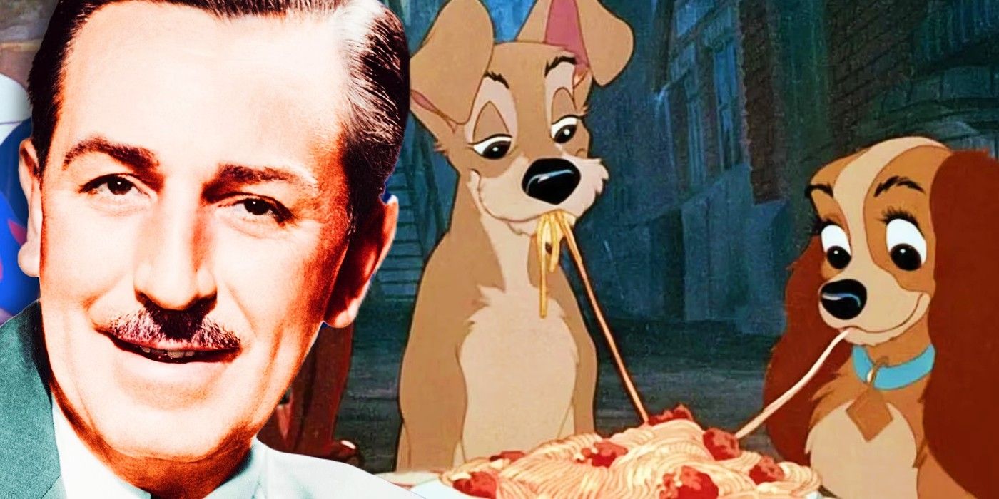 Blended image of Walt Disney and Lady and the Tramp sharing a plate of spaghetti