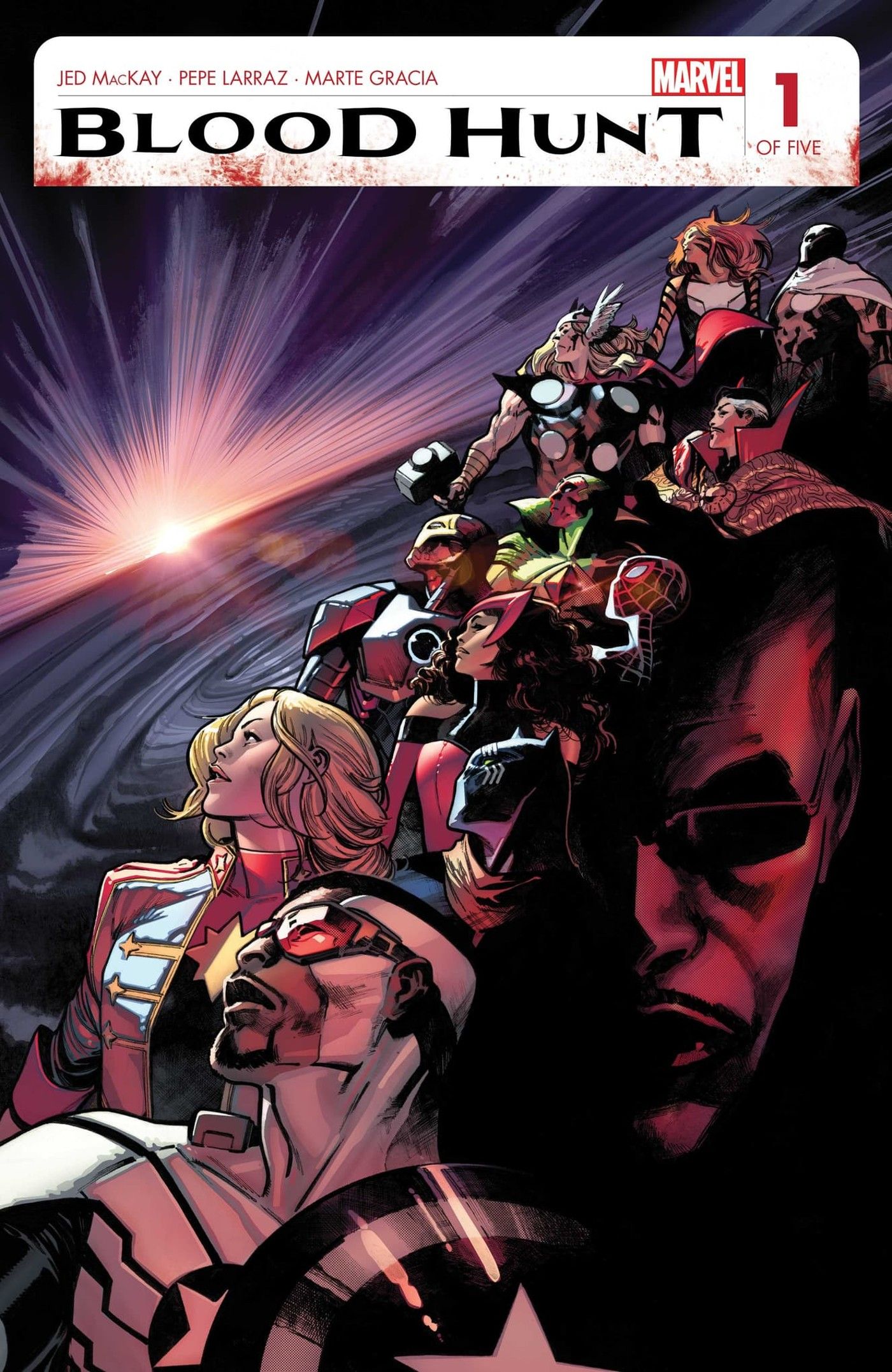 Capa de Blood Hunt #1, apresentando os Vingadores e Blade enquanto o sol se põe na Terra.