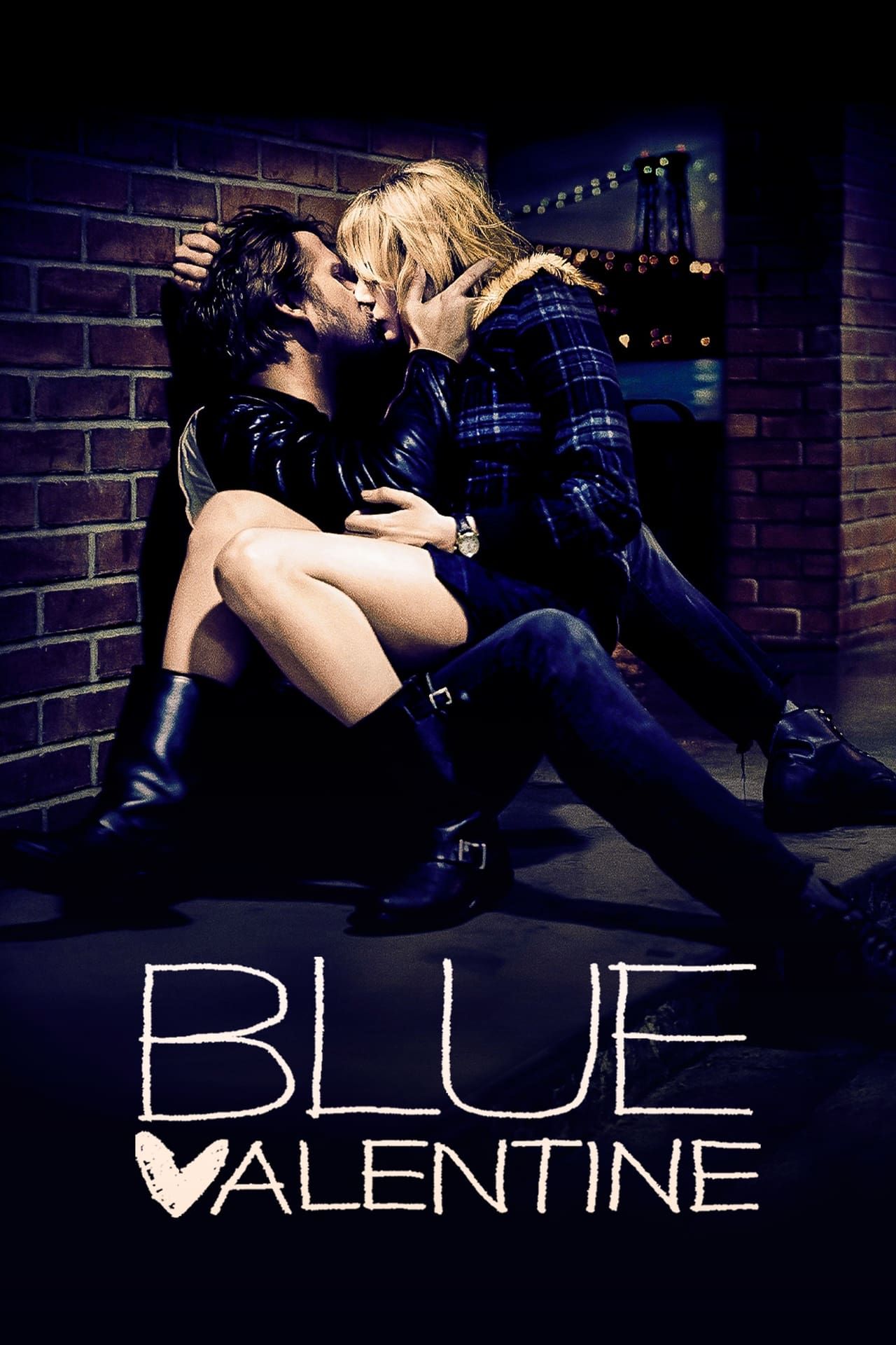 Blue Valentine Movie Poster Showing Ryan Gosling as Dean and Michelle Williams as Cindy Kissing up against a Brick Wall