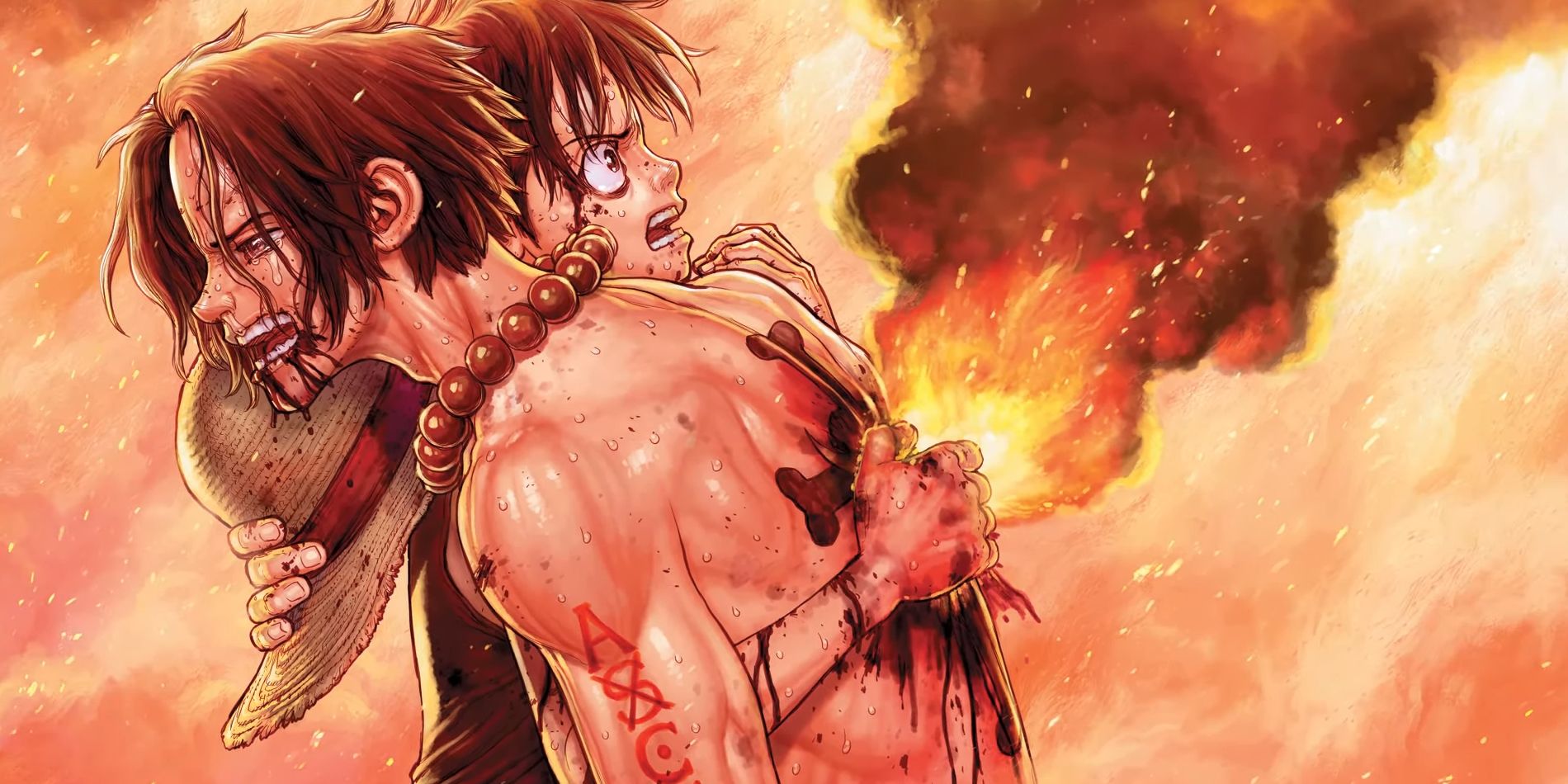 Colored manga panel from One Piece Ace Story Manga from artist Boichi shows a shocked Luffy clutching a crying Ace as fire erupts from a spot on his back.