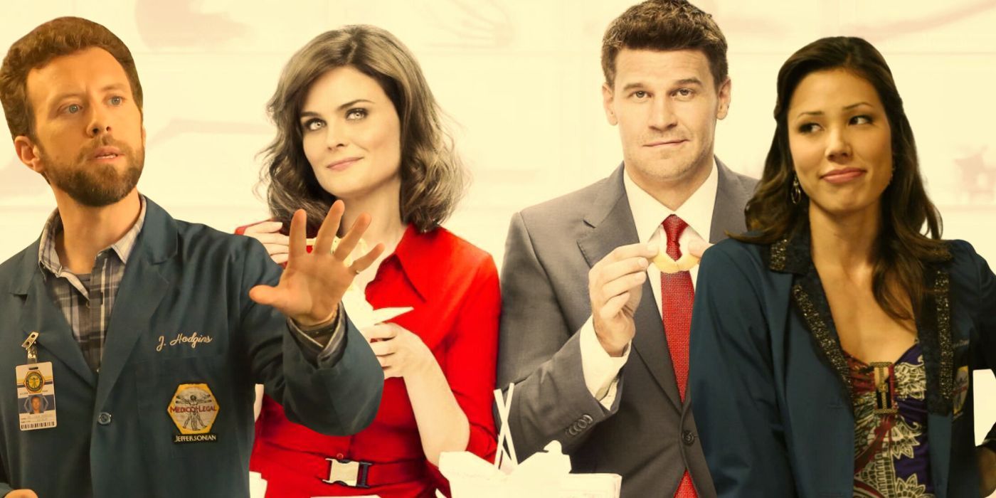 A composite image features Hodgins, Brennan, Booth, and Angela in the television series Bones