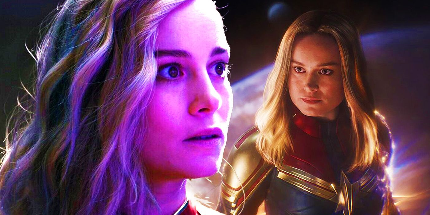 Brie Larson as Carol Danvers' Captain Marvel in The Marvels and Avengers Endgame