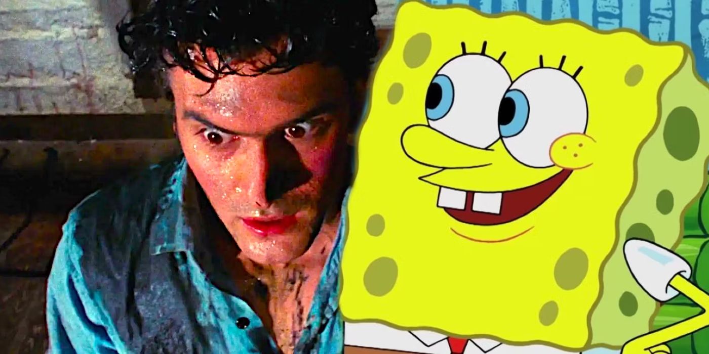 Bruce Campbell in The Evil Dead Next to Spongebob Sqaurepants Smiling