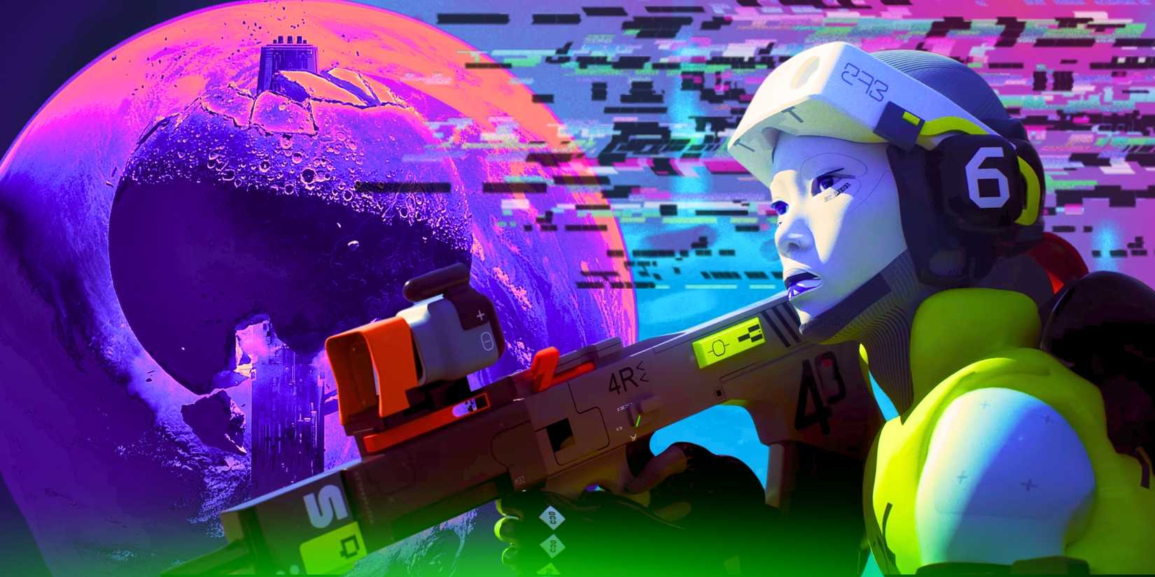 Character from Bungie's Marathon in front of the setting planet Tau Ceti 4.