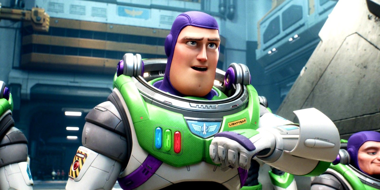 Buzz Lightyear wearing his purple, white, and green suit while talking to someone in Lightyear