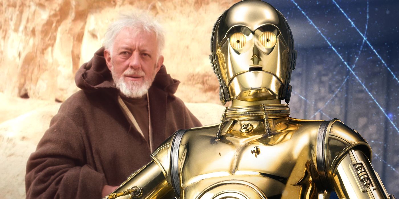 C-3PO in his Ahsoka character poster next to Alec Guinness as Obi-Wan Kenobi in the original Star Wars
