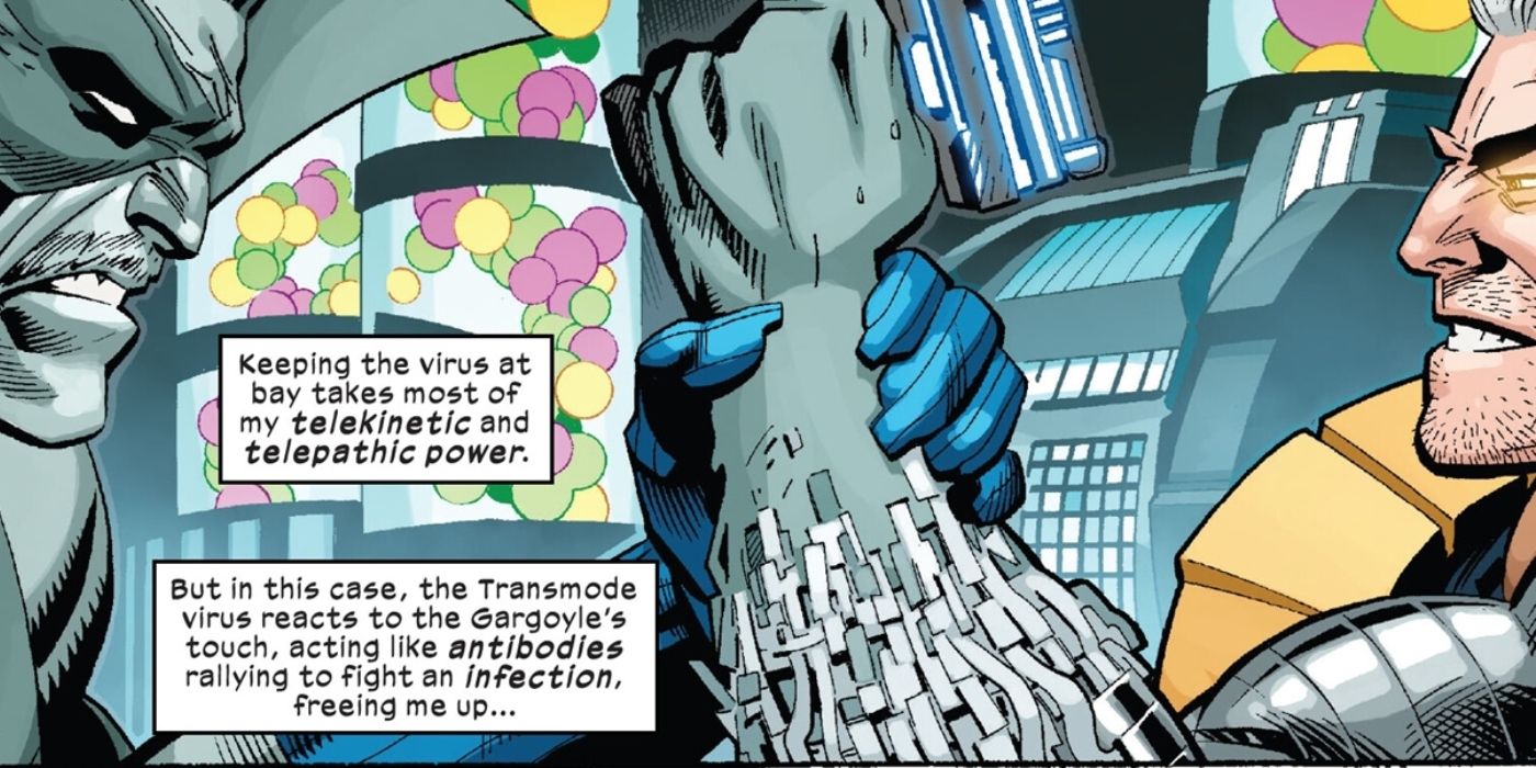 Comic book panel: Cable using his techno-organic virus to combat Grey Gargoyle&rsquo;s powers.