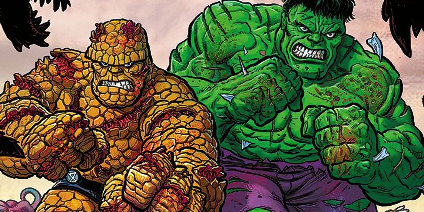 Hulk e o Coisa feridos em batalha, mas ainda lutando na Marvel Comics