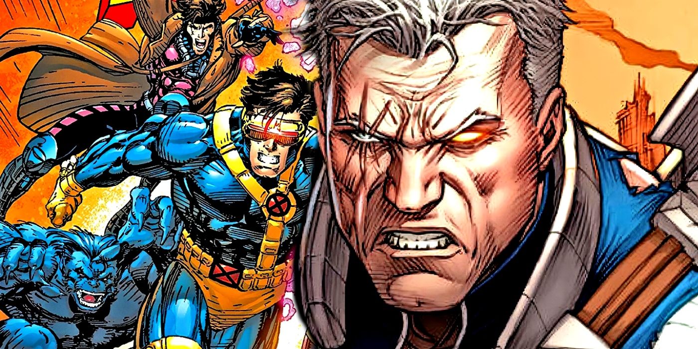 X-Men's Cable with Cyclops, Beast, and Gambit behind him.