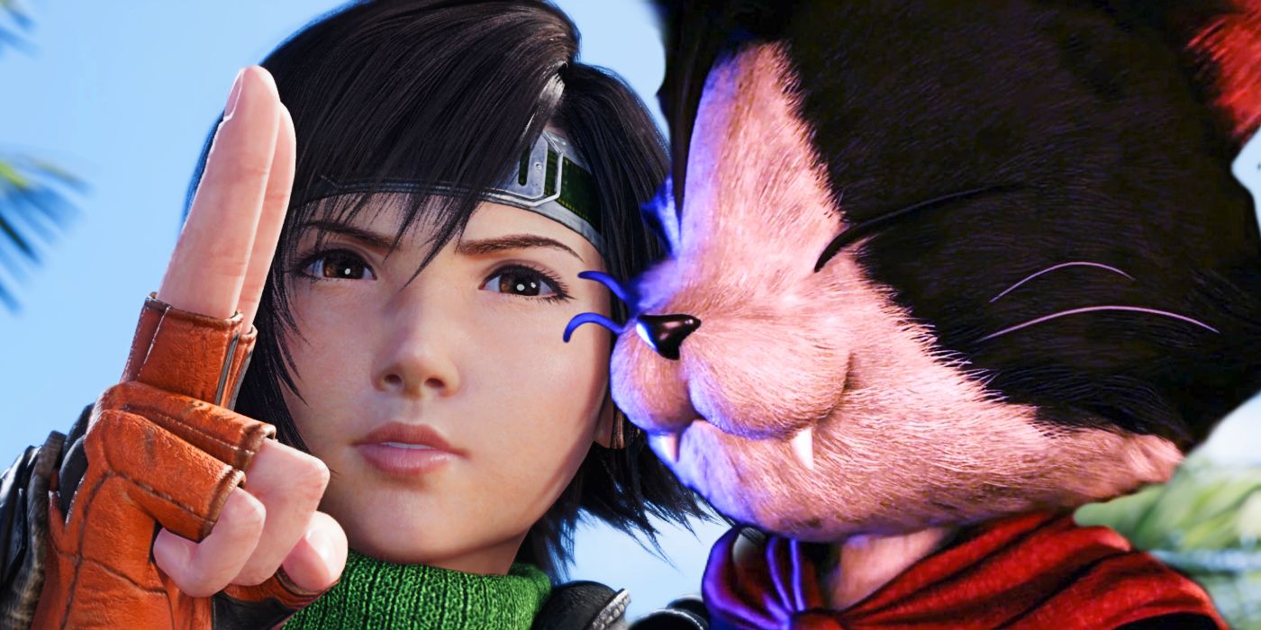 Cait Sith e Yuffie na praia da Costa del Sol em uma captura de tela do FF7 Rebirth.