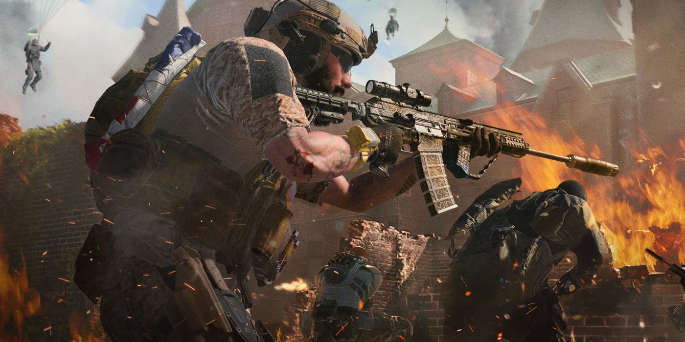 Um operador móvel de Call of Duty Warzone aponta seu rifle.