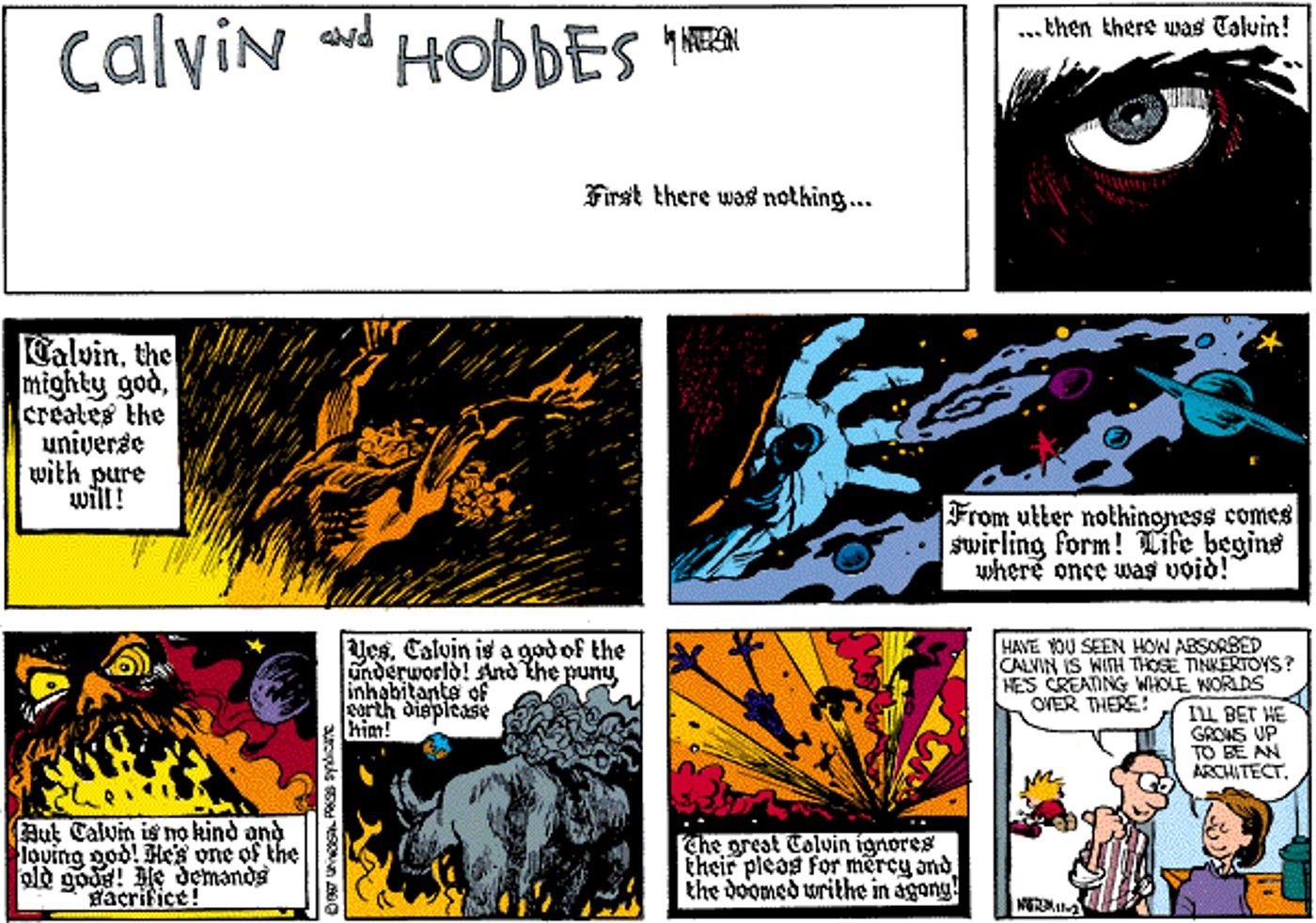calvin and hobbes comic where calvin imagines being a god