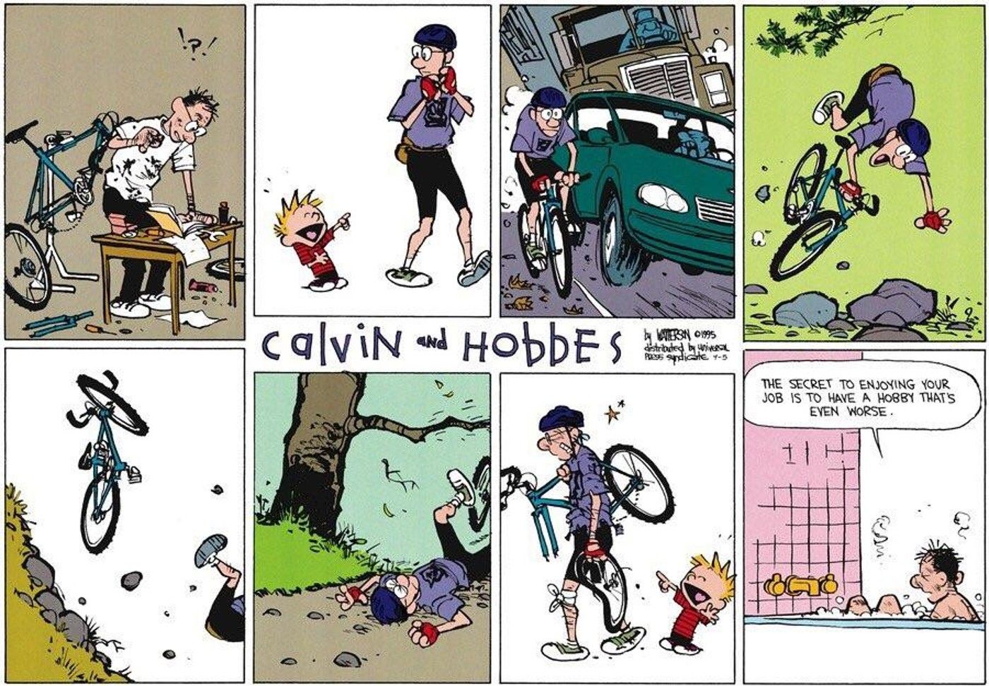 Quadrinhos de Calvin e Hobbes onde o pai de Calvin luta para controlar sua bicicleta