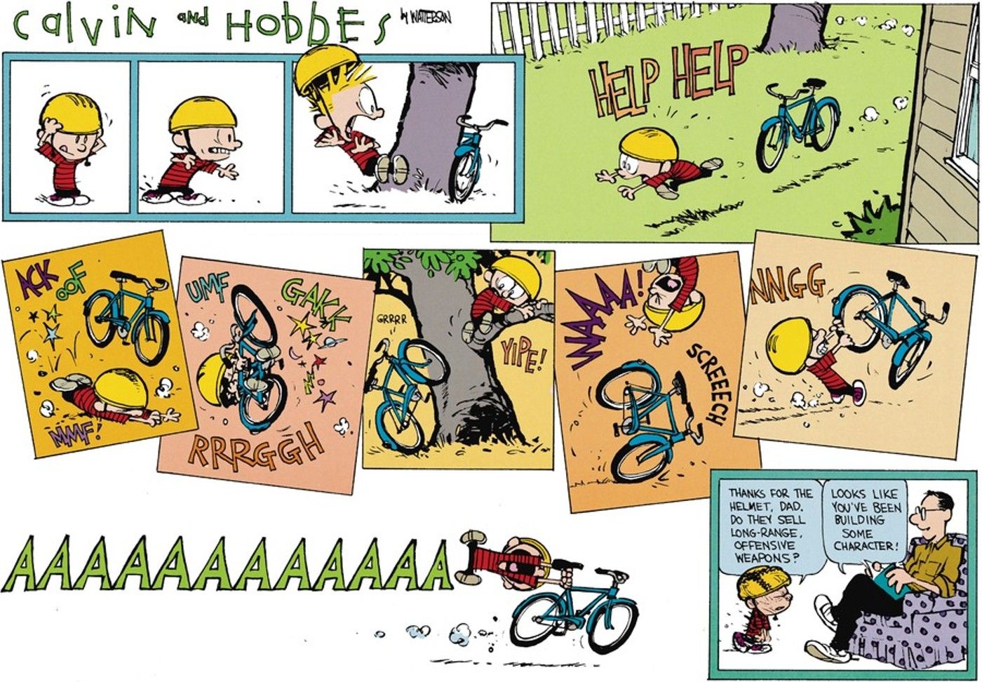 Calvin e Hobbes, Calvin luta por uma série de painéis para controlar sua bicicleta.