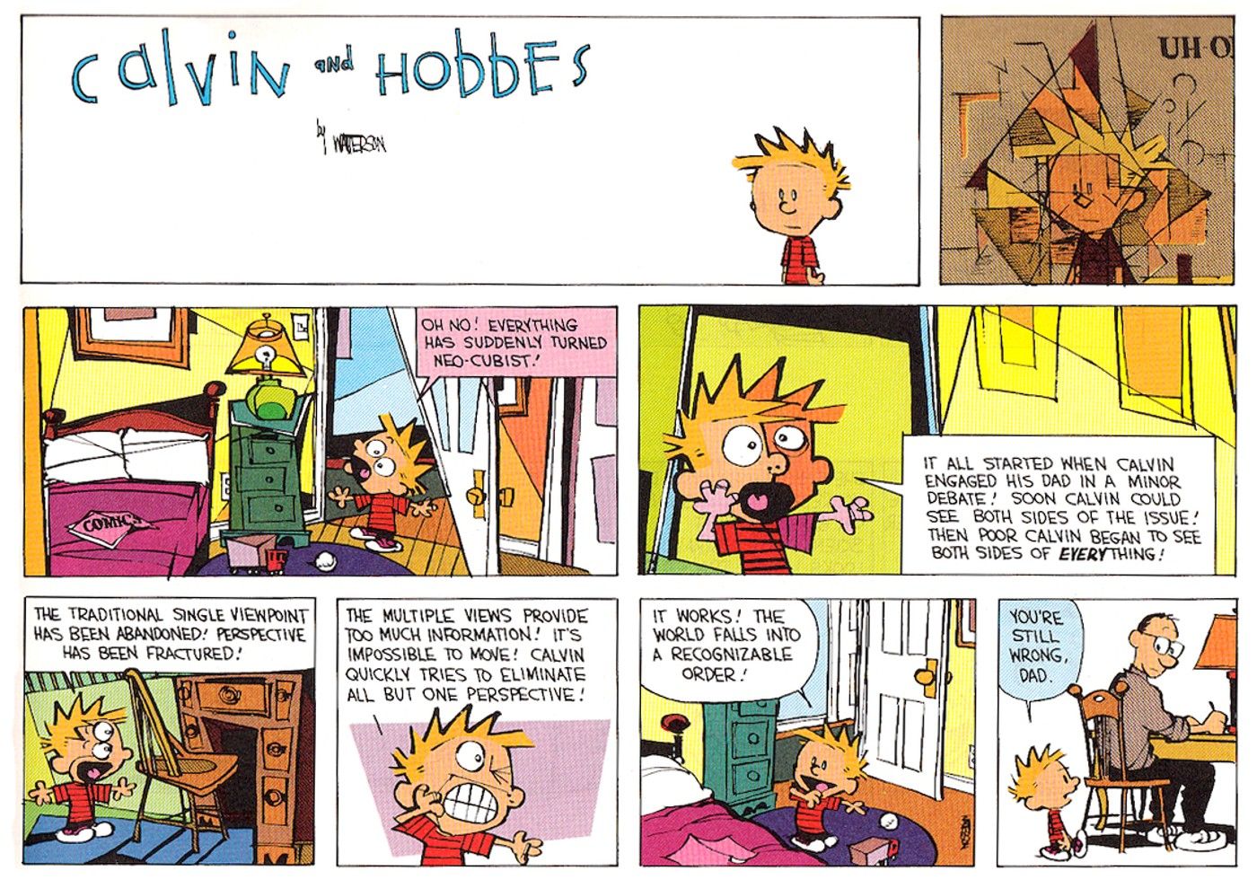 Quadrinhos de Calvin e Hobbes onde o mundo se torna neocubista