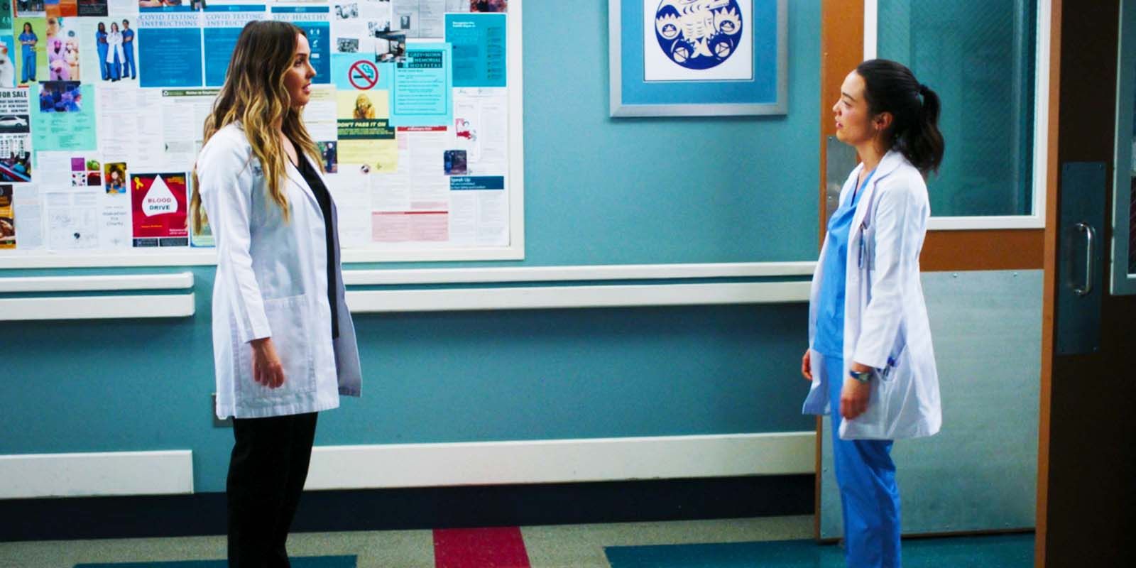 Camilla Luddington as Jo Wilson and Midori Francis as Mika Yasuda in Grey's Anatomy season 20 episode 1