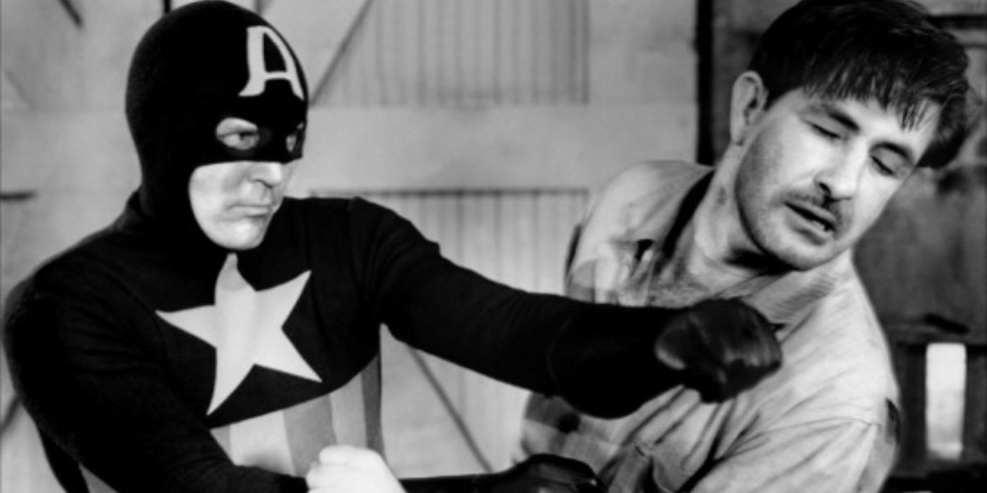 Cap punches out a criminal in the Captain America 1944 serial