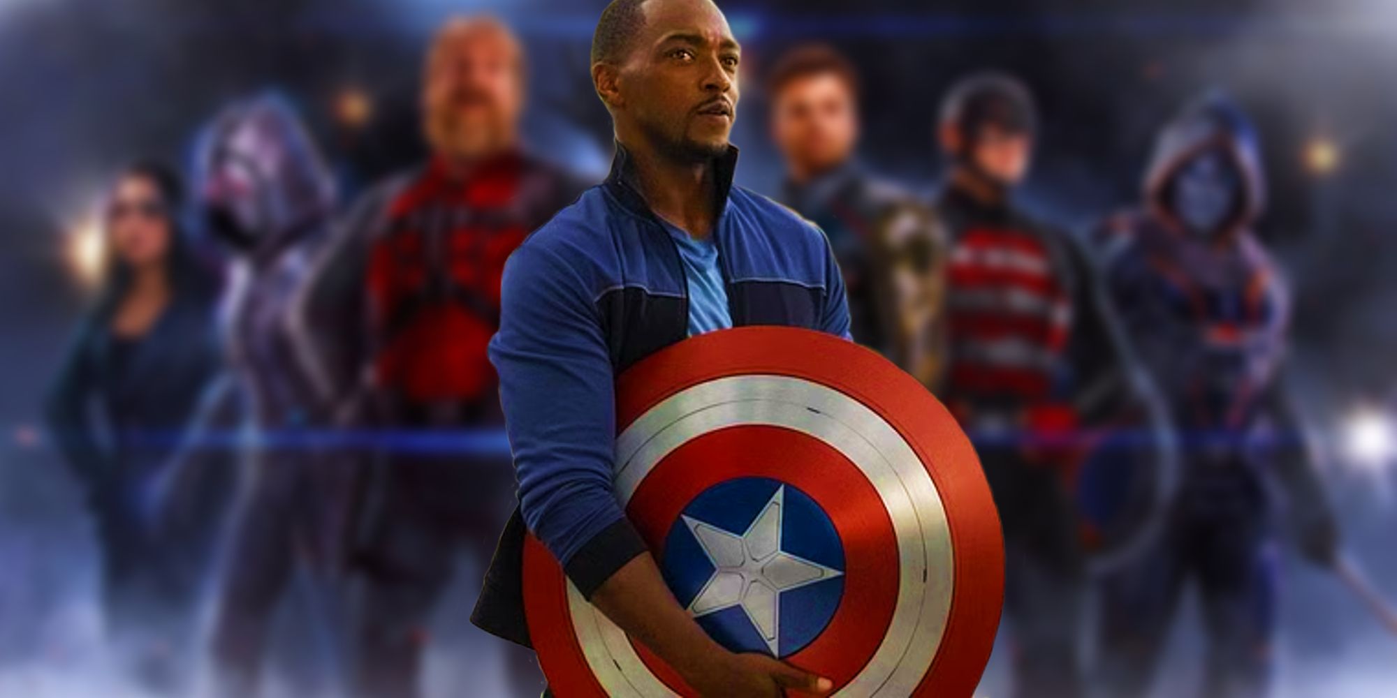 Anthony Mackie as Sam Wilson holding his Captain America shield above a blurred image of the Thunderbolts MCU line-up