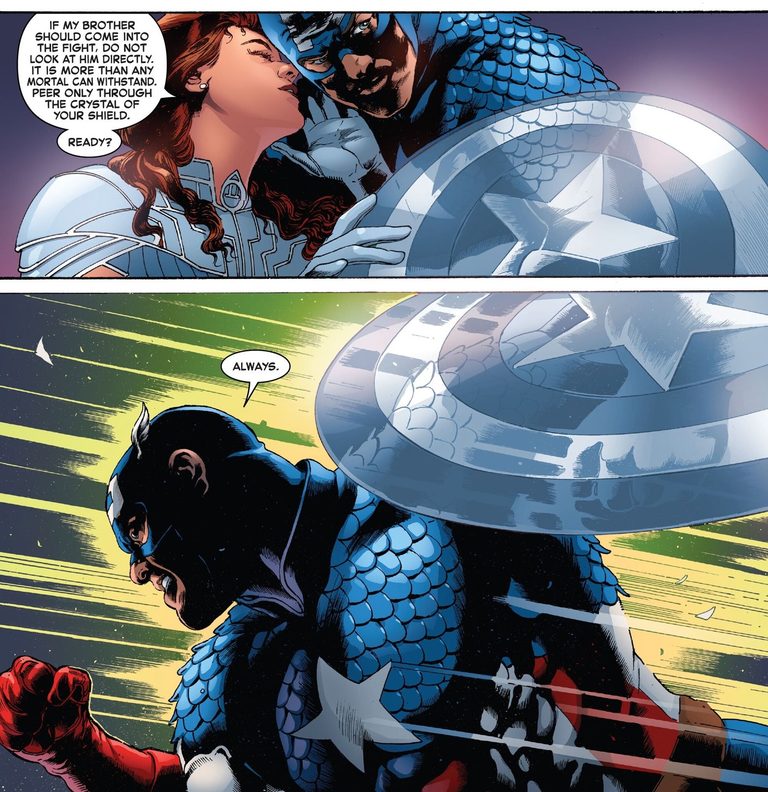 Captain America is armed with a transparent shield and prepares to face a battle with Death 