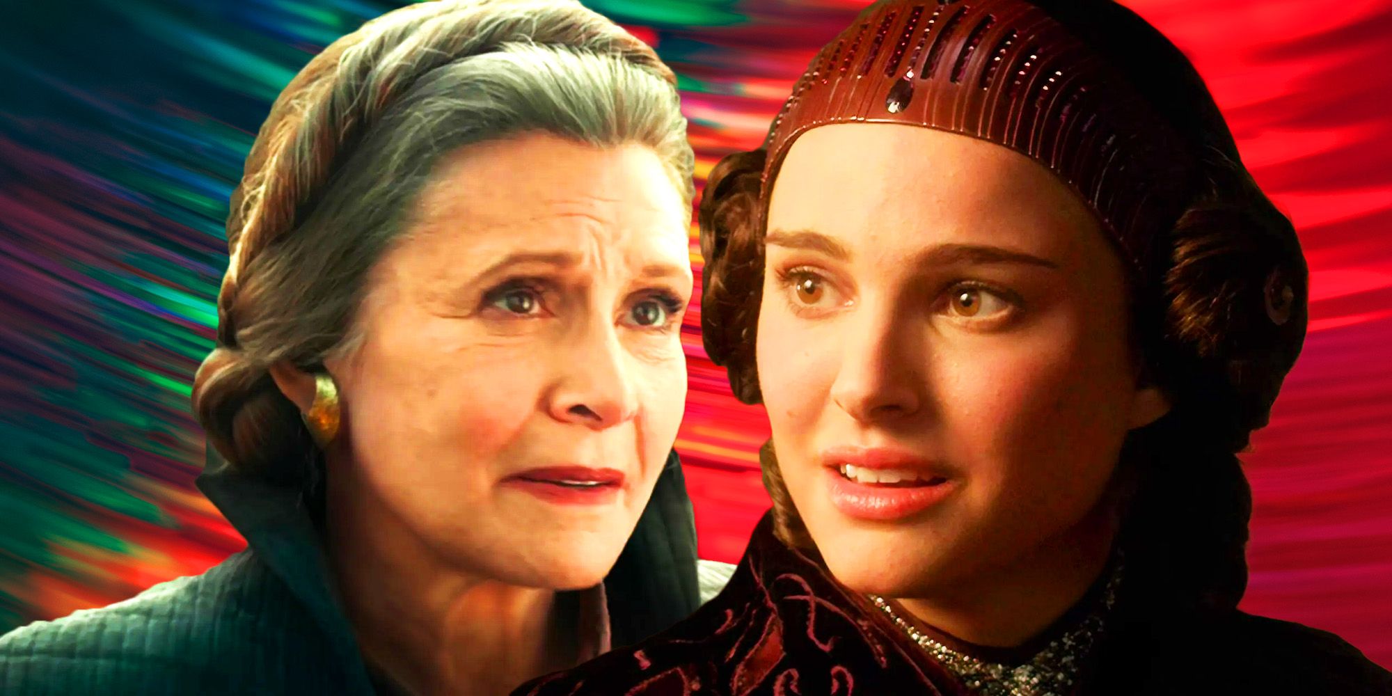 Carrie Fisher as Princess Leia from the sequel trilogy to the left and Natalie Portman as Padme to the right