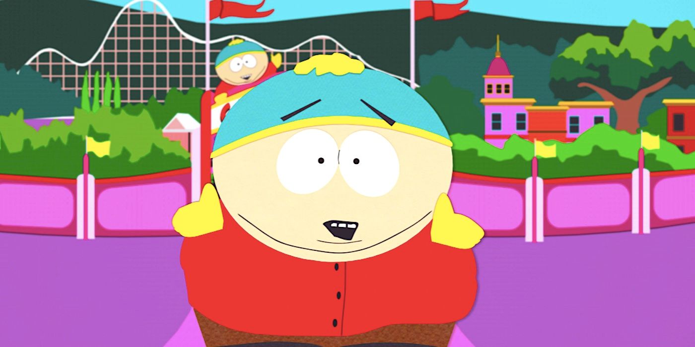 Cartman dancing in front of an amusement park in South Park