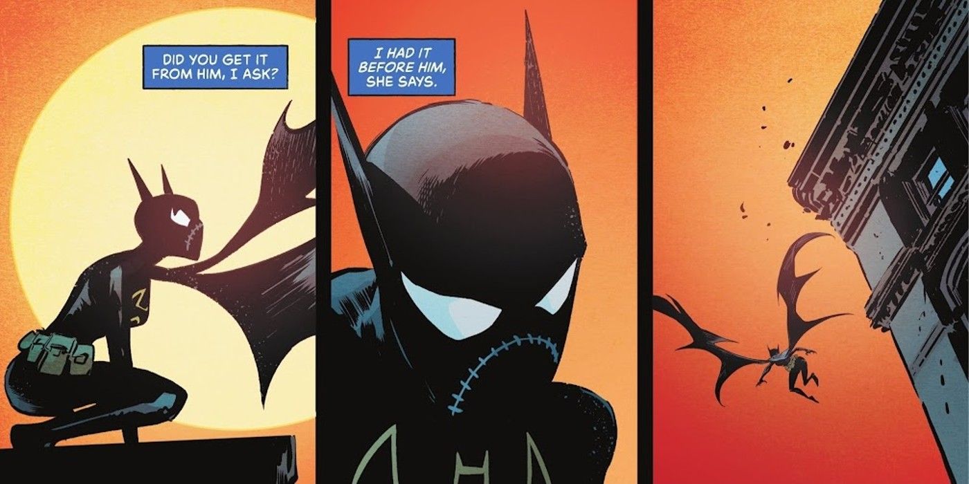 Painéis de quadrinhos: Batgirl Cass Cain salta de um telhado.