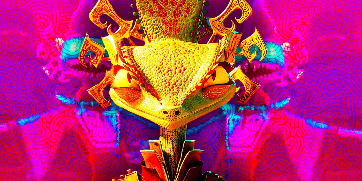 The Chameleon in Kung Fu Panda 4 smiling in front of a purple background