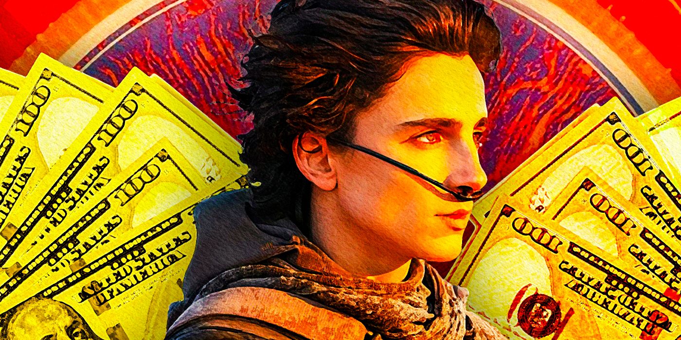 Timothy Chalamet in Dune: Part Two in front of bank notes