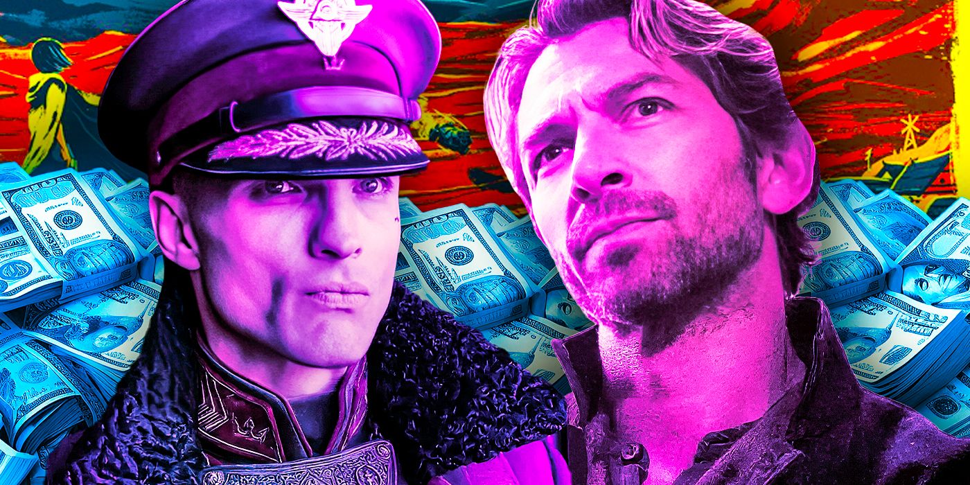 Ed Skrein as Atticus Noble and Michiel Huisman as Gunnar colored purple and set against a background of money and fire in Rebel Moon: Part One - A Child of Fire