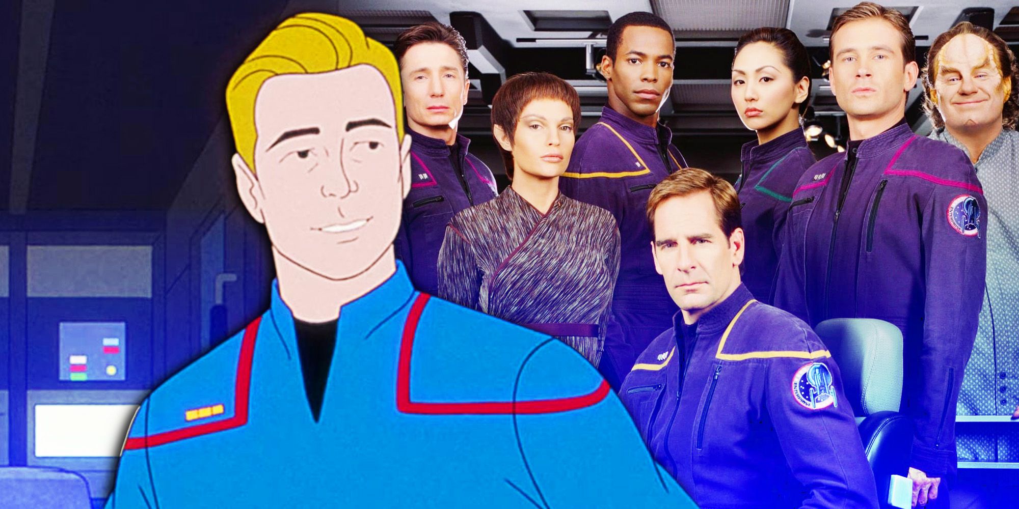 Cast of Star Trek- Enterprise and Trip Tucker animated from Star Trek- Very Short Treks