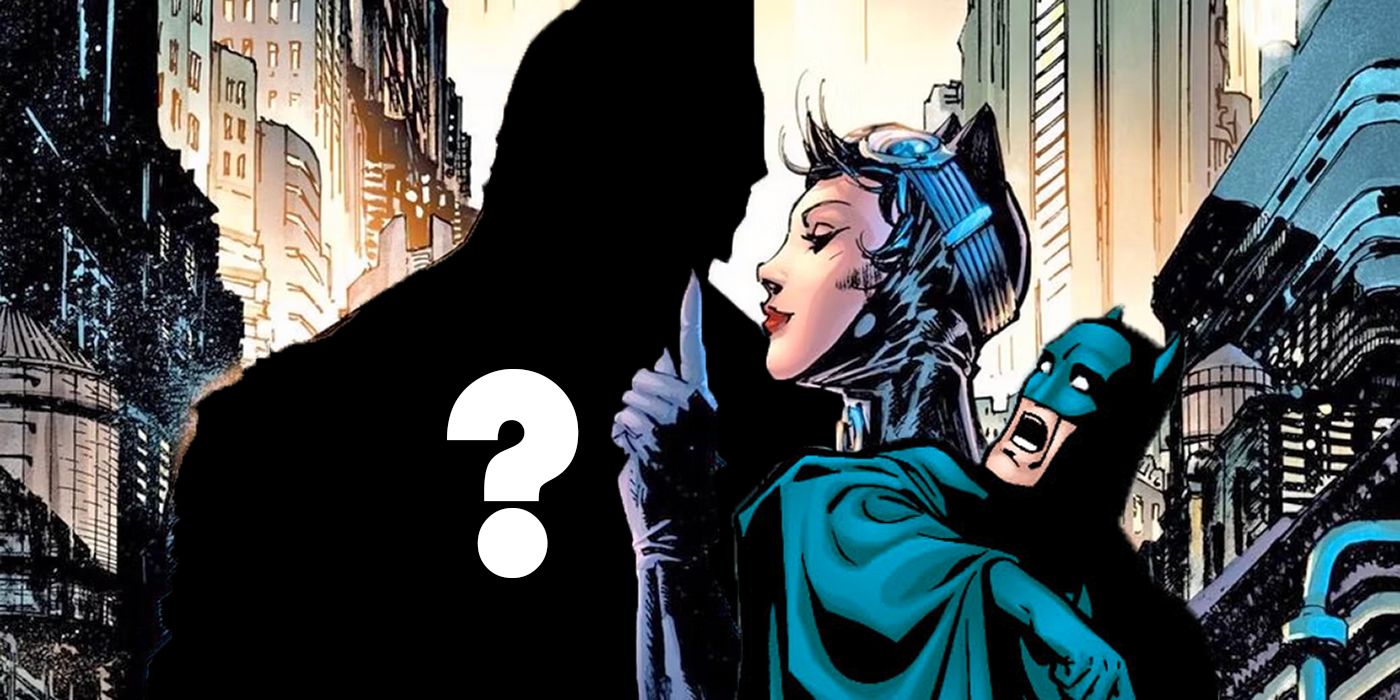Catwoman flirts with a figure in silhouette, overlaid with a question mark (foreground) while Batman cries out in dismay up to a Gotham skyline