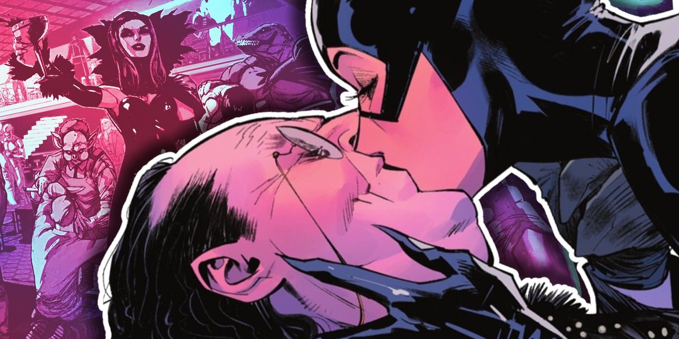 catwoman kissing the penguin as, in the background, the vampire nocturna raises a goblet