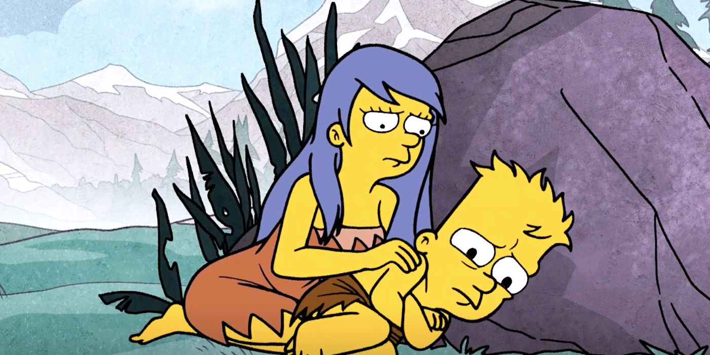 A mulher das cavernas Marge conforta o homem das cavernas Bart no episódio 13 da 35ª temporada dos Simpsons