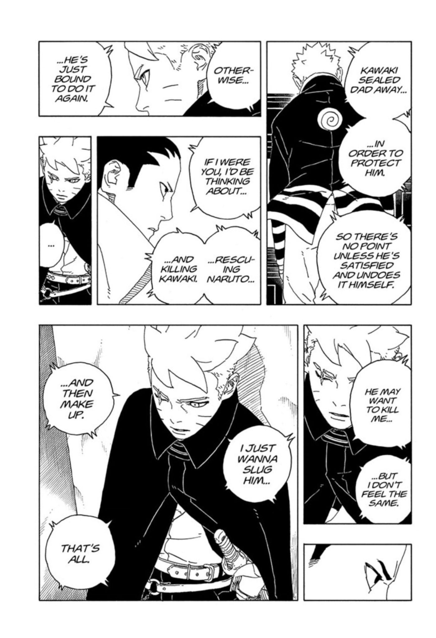 Painéis de mangá de Boruto Two Blue Vortex mostram Shikamaru conversando com Boruto e sugerindo matar Kawaki enquanto Boruto diz que quer poupá-lo e perdoá-lo.