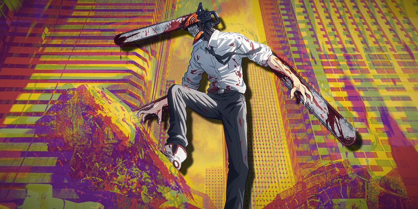Chainsaw Man standing on rubble in the middle of a city with a yellow and multicolored background.