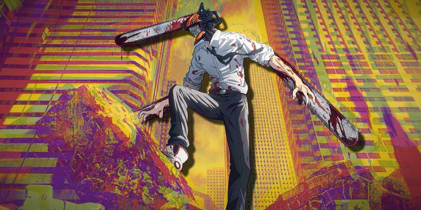 Chainsaw Man standing on rubble in the middle of a city with a yellow and multicolored background.
