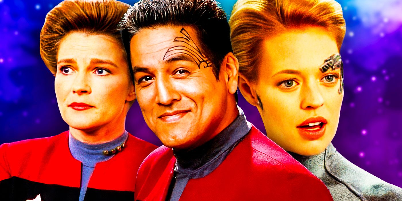Collage of Janeway, Chakotay, and Seven of Nine from Star Trek: Voyager.
