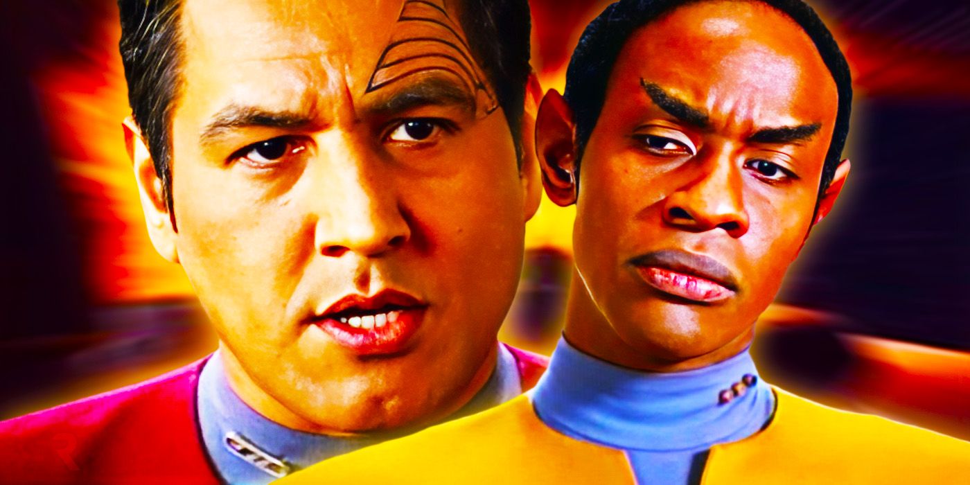 Star Trek: Voyager's Chakotay (Robert Beltran) looks angrily out while Tuvok (Tim Russ) studies something off-screen with a frown.