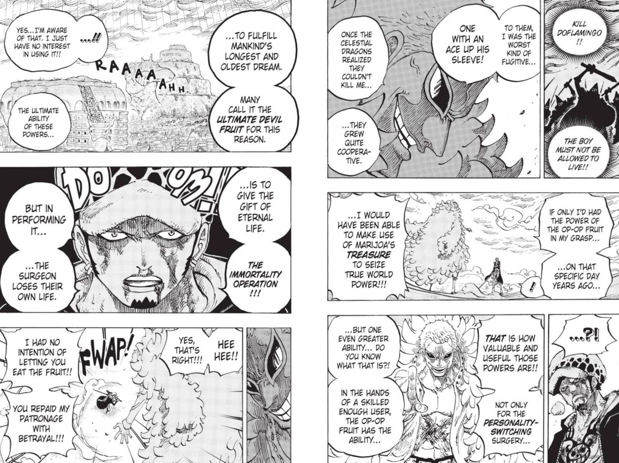 Manga panels from One Piece chapter 761 how Law and Doflamingo discussing the op-op fruit's ultimate ability of making someone immortal at the cost of the users life.
