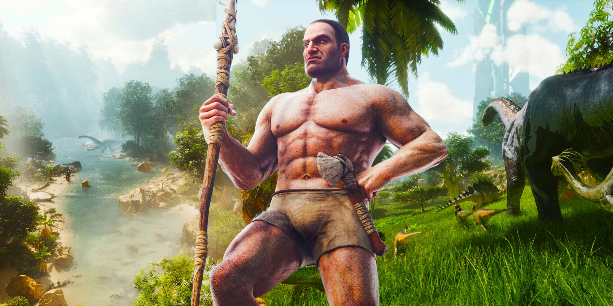 Personagem de Ark Survival Ascended com dinossauros